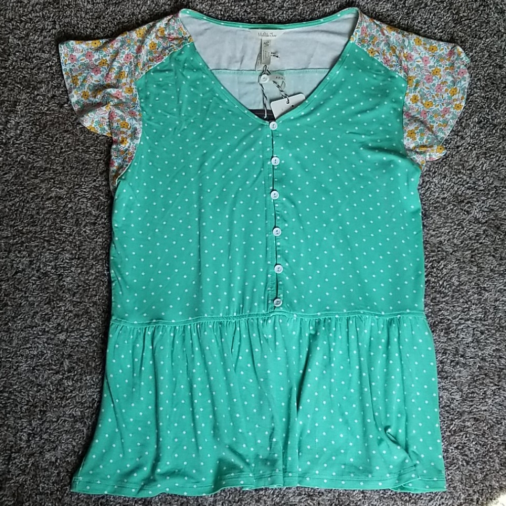 Matilda Jane Teal Polka Dot Top with Floral Sleeves No Tags